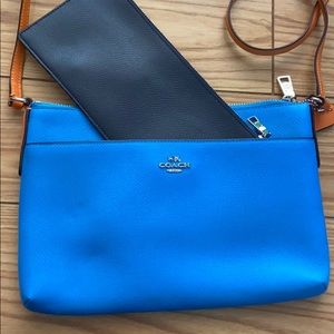 Blue and tan cross body coach bag
